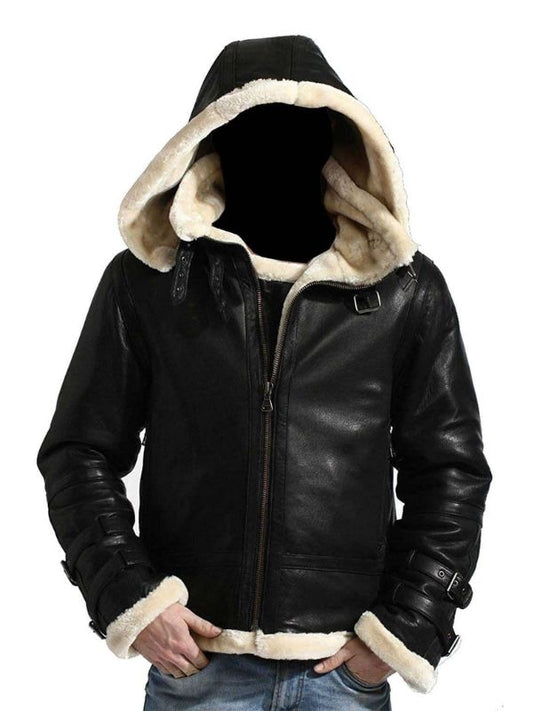 B3 Bomber Hooded Leather Jacket - Black