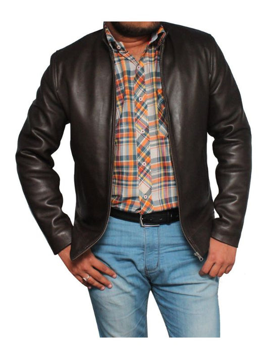 Men Casual Style Classic Leather Jacket- Dark Brown