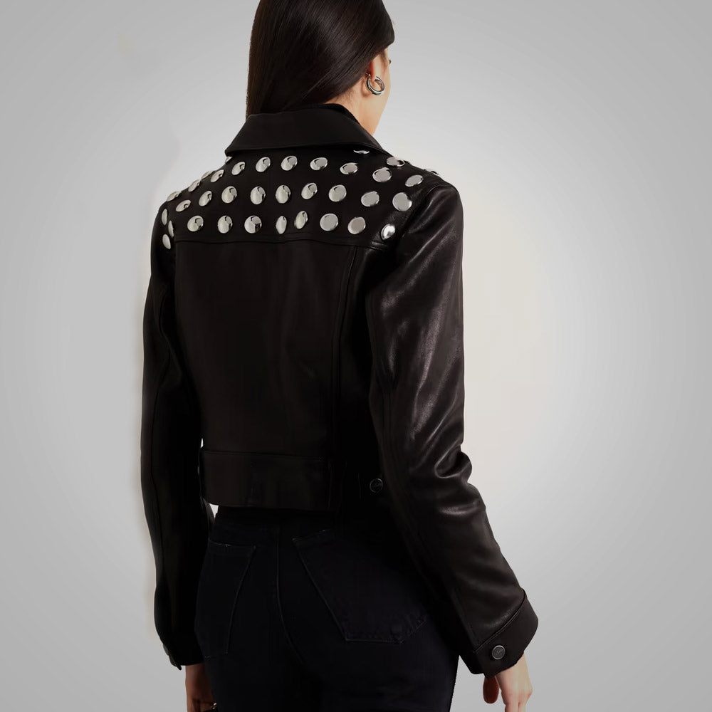 Women's Black Shearling Studded Textured Cropped Leather Jacket
