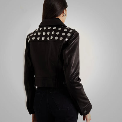 Women's Black Shearling Studded Textured Cropped Leather Jacket