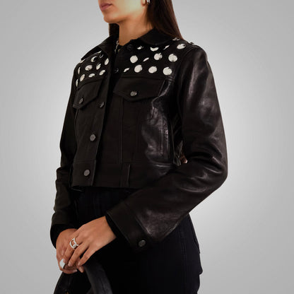 Women's Black Shearling Studded Textured Cropped Leather Jacket