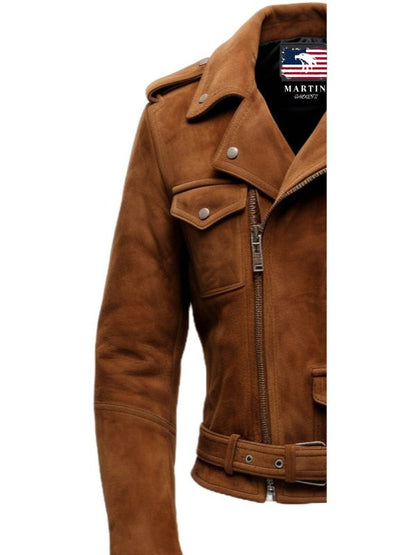 Men Biker Suede Leather Jacket Camel Brown