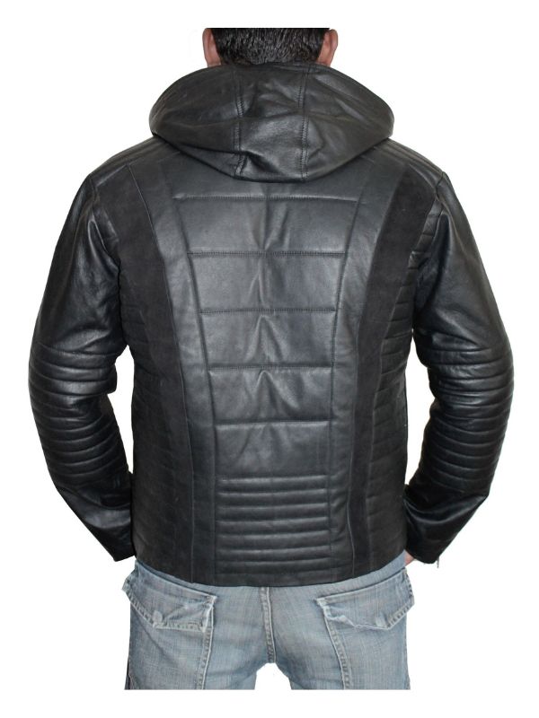 Men Mortal Style Hooded Leather Jacket - Black