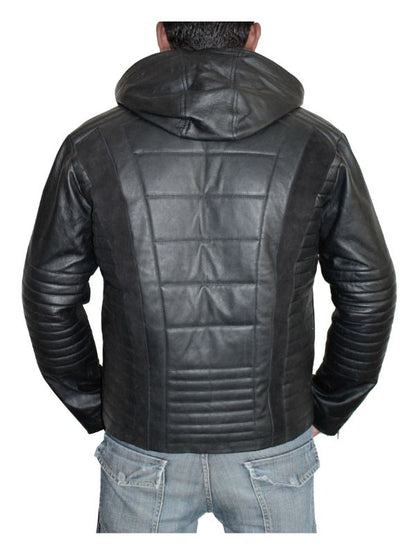 Men Mortal Style Hooded Leather Jacket - Black