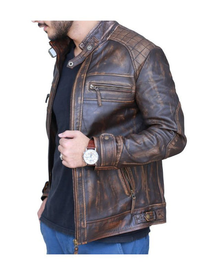Diamond Classic Leather Jacket - Distressed Rub off Brown