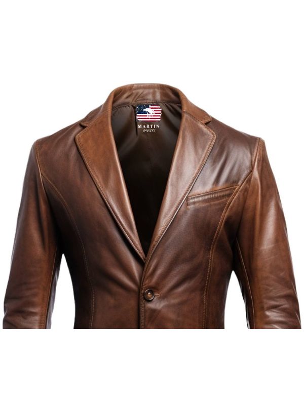 Men Stylish Distressed Brown Leather Blazer - Men Leather Blazer