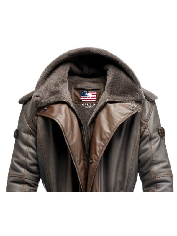 Men Dark Brown Leather Hooded Coat
