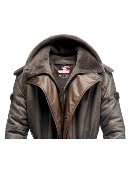 Men Dark Brown Leather Hooded Coat