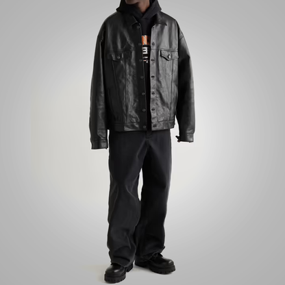 New Men’s Army Black Suede Shearling Leather Trucker Jacket