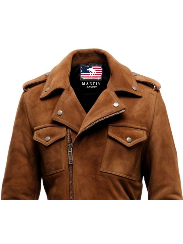 Men Biker Suede Leather Jacket Camel Brown