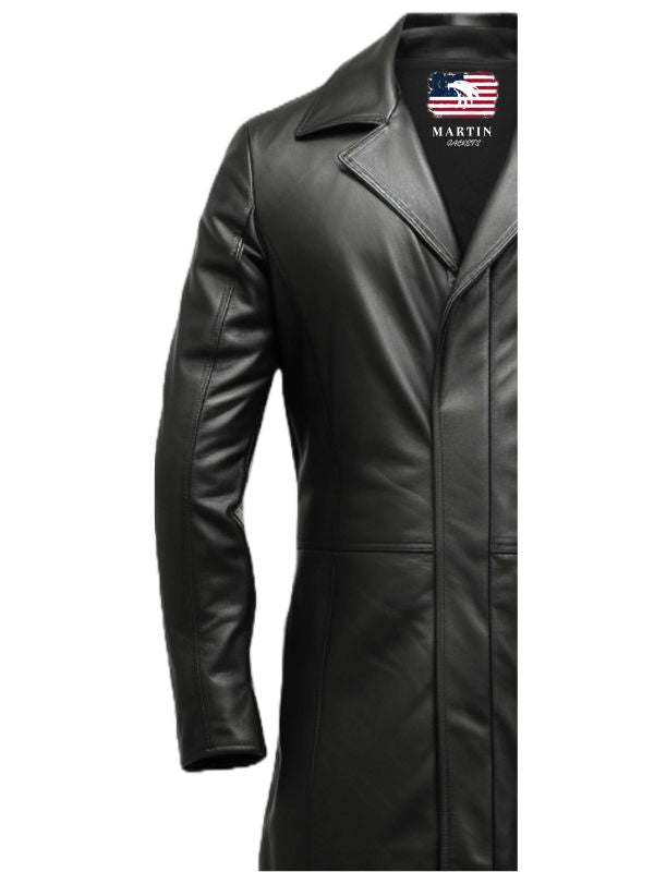 Men Black Long Leather Coat