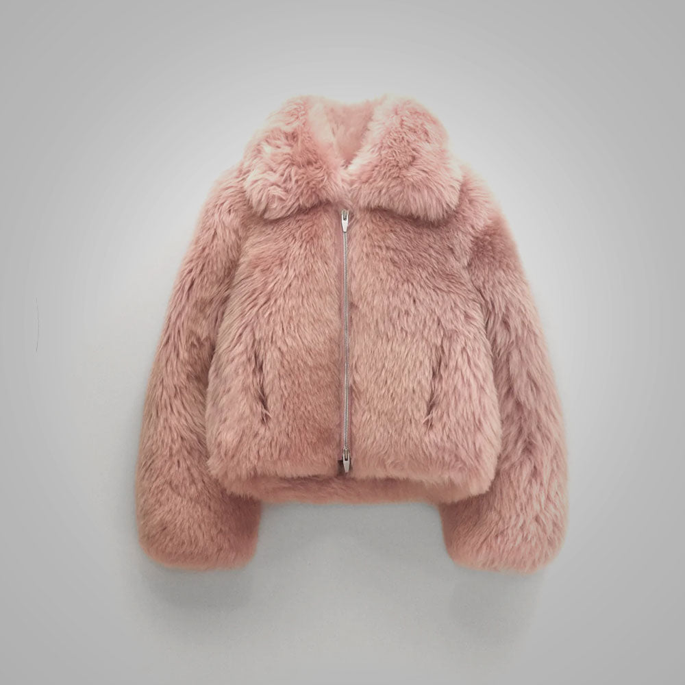 Women’s Pink Shearling Short Fox Fur Leather Jacket