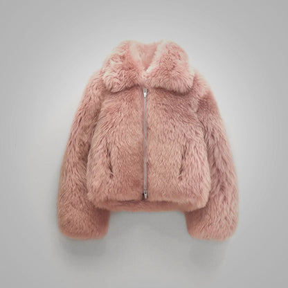 Women’s Pink Shearling Short Fox Fur Leather Jacket