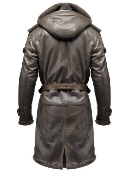 Men Dark Brown Leather Hooded Coat