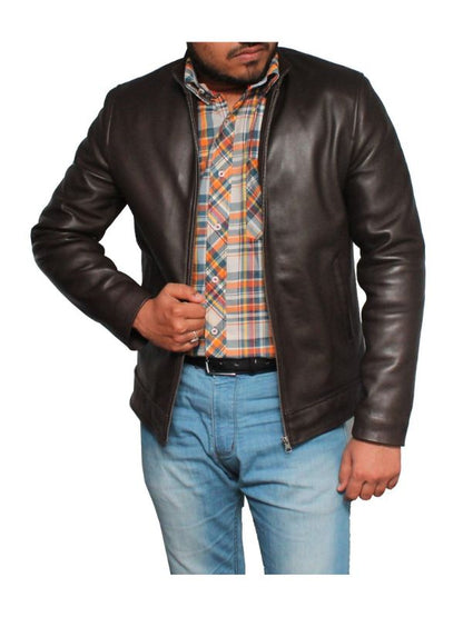 Men Casual Style Classic Leather Jacket- Dark Brown