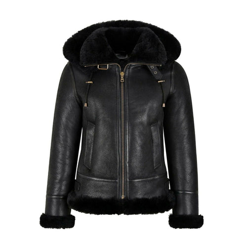 Women’s B3 Bomber Hooded Classic Black Shearling Jacket