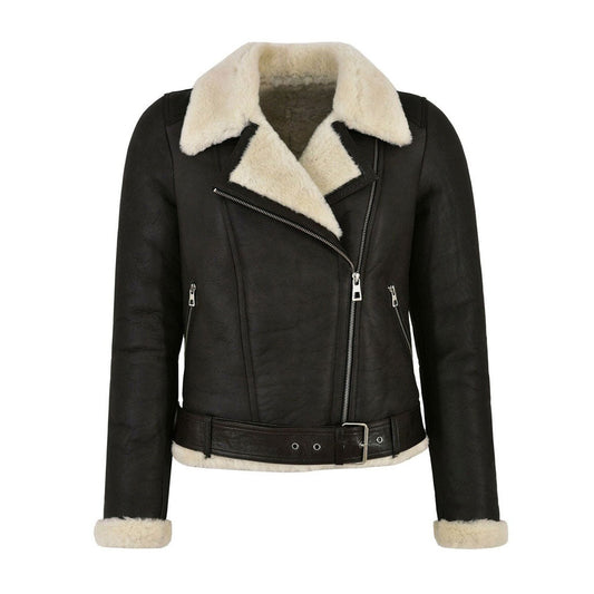 Women’s Genuine Leather Faux Fur Shearling Biker Jacket
