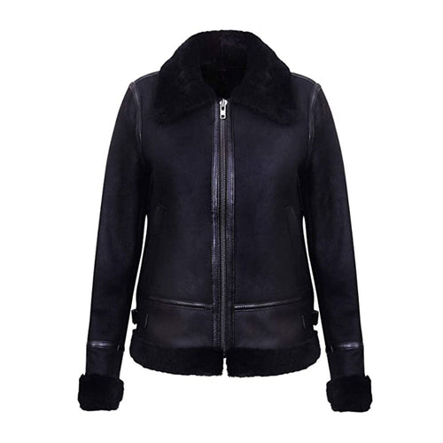 Women’s Black B3 Sheepskin Shearling Aviator Motorbike Leather Jacket