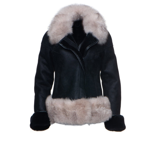 Cecily’s Black Shearling Sheepskin Jacket with Fox Fur Trim