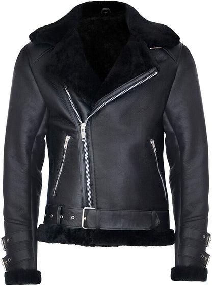 Men’s Retro RAF B3 Pilot Real Sheepskin Shearling Biker Leather Jacket