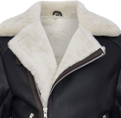 Men’s Retro RAF B3 Pilot Real Sheepskin Shearling Biker Leather Jacket