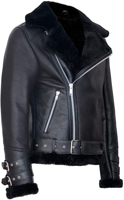 Men’s Retro RAF B3 Pilot Real Sheepskin Shearling Biker Leather Jacket