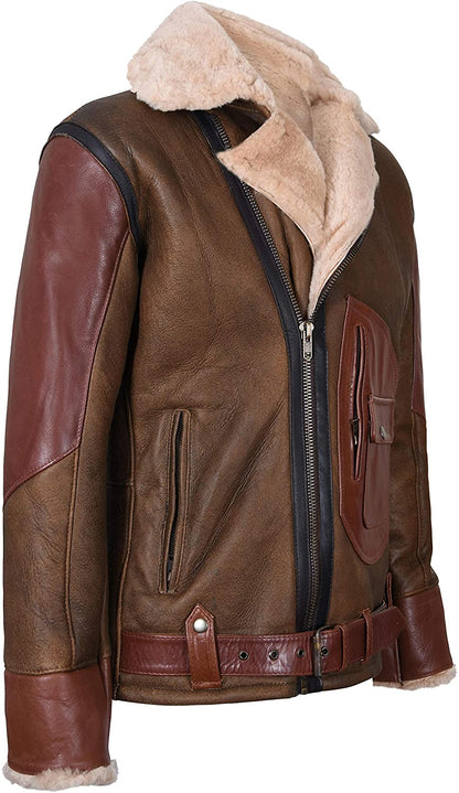 Men’s Brown Crossover B3 Sheepskin Aviator Flying Leather Biker Jacket