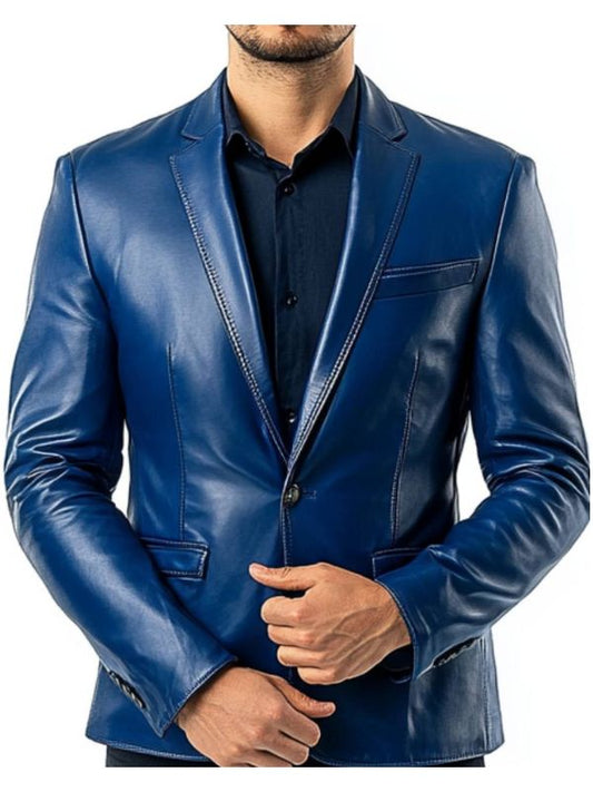 Archie Blue Leather Blazer - Leather Blazer for Men Blue