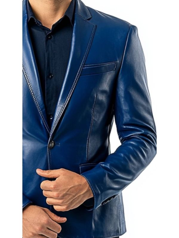 Archie Blue Leather Blazer - Leather Blazer for Men Blue