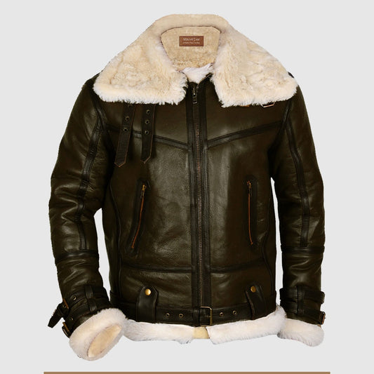 Army Green Men’s B3 Bomber Shearling Leather Jacket