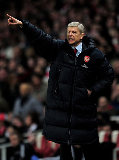 Black padded puffer coat inspired by Arsene Wenger’s sideline style