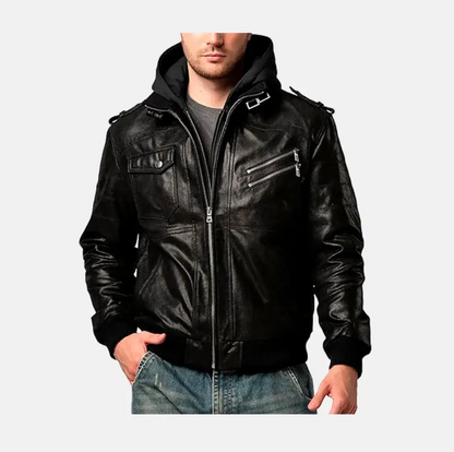 Asphalt Mens Leather Motorcycle Jacket with Removeable Hood