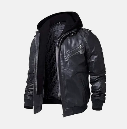 Asphalt Mens Leather Motorcycle Jacket with Removeable Hood