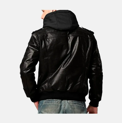 Asphalt Mens Leather Motorcycle Jacket with Removeable Hood