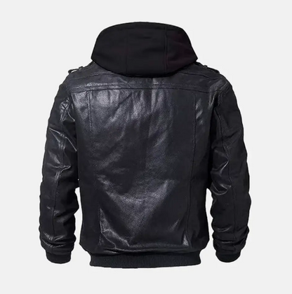 Asphalt Mens Leather Motorcycle Jacket with Removeable Hood