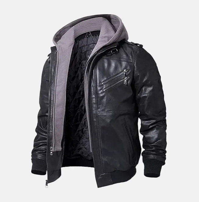 Asphalt Mens Leather Motorcycle Jacket with Removeable Hood