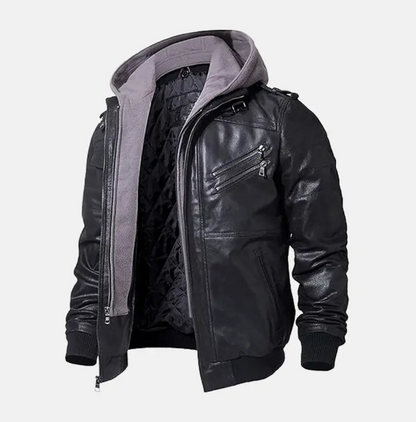 Asphalt Mens Leather Motorcycle Jacket with Removeable Hood