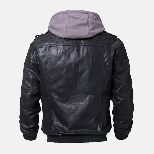 Asphalt Mens Leather Motorcycle Jacket with Removeable Hood