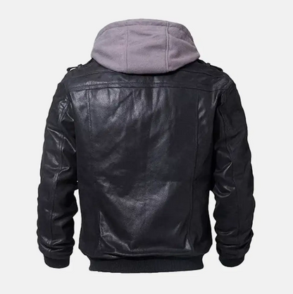 Asphalt Mens Leather Motorcycle Jacket with Removeable Hood