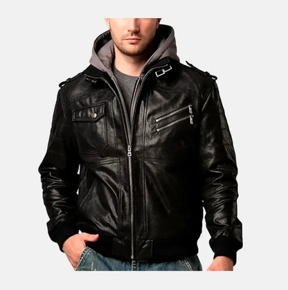 Asphalt Mens Leather Motorcycle Jacket with Removeable Hood