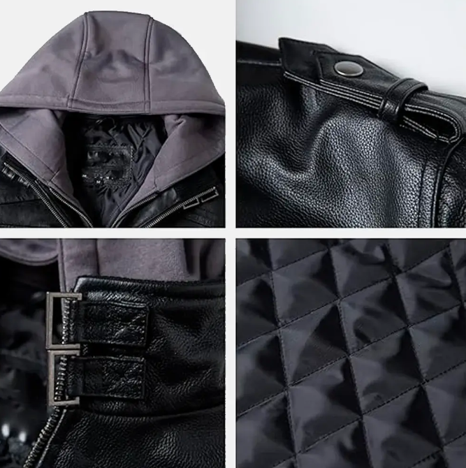 Asphalt Mens Leather Motorcycle Jacket with Removeable Hood