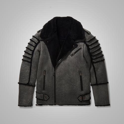 New Men Flying Sheepskin Shearling Moto Leather Flying Jacket
