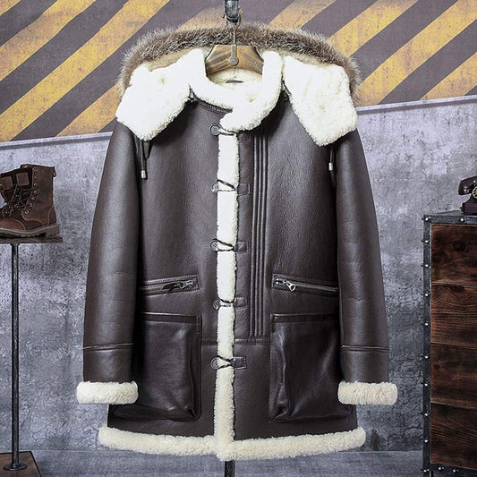 B3 Bomber Jacket Hooded Leather Shearling Coat for Men – Brown