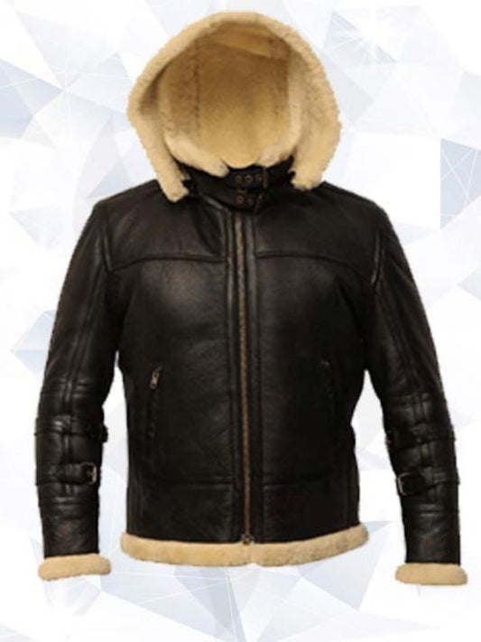 B3 Black Bomber Real Shearling Leather Jacket Removable Hooded