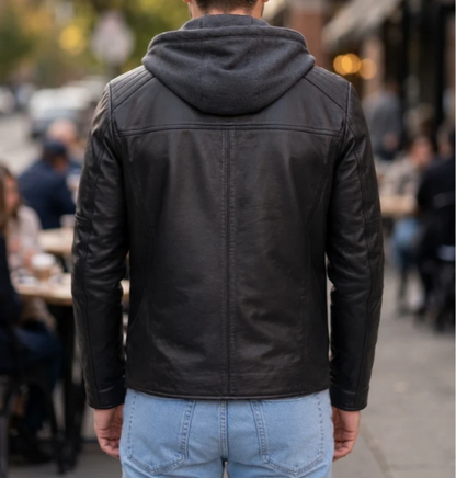 Benjamin Black Hoodie Leather Jacket For Men