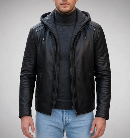Benjamin Black Hoodie Leather Jacket For Men