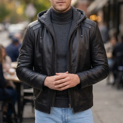 Benjamin Black Hoodie Leather Jacket For Men