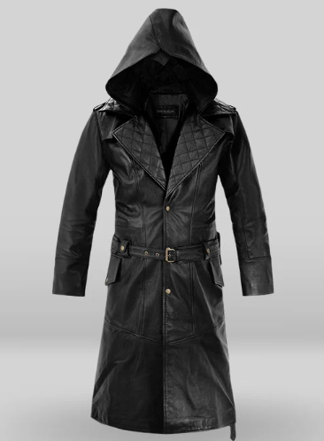 Assassin's Creed Syndicate Men's Black Leather Hooded Coat — front view