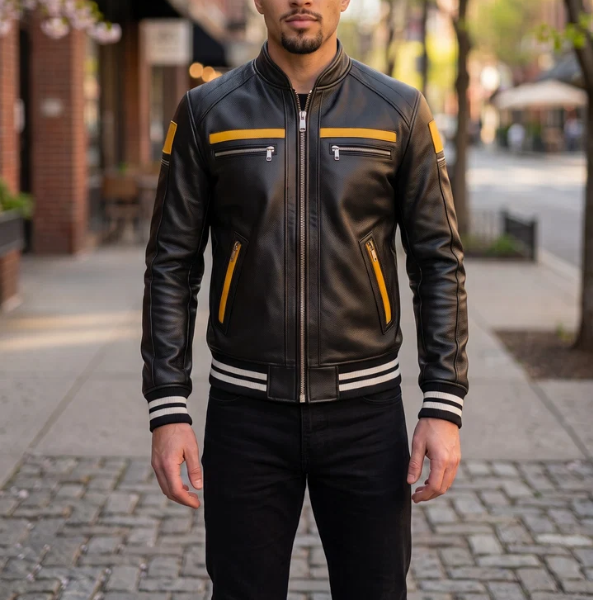 Black Bomber Stylish Leather Jacket For Men