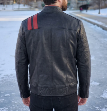 Black Leather Jacket With Red Stripe For Men
